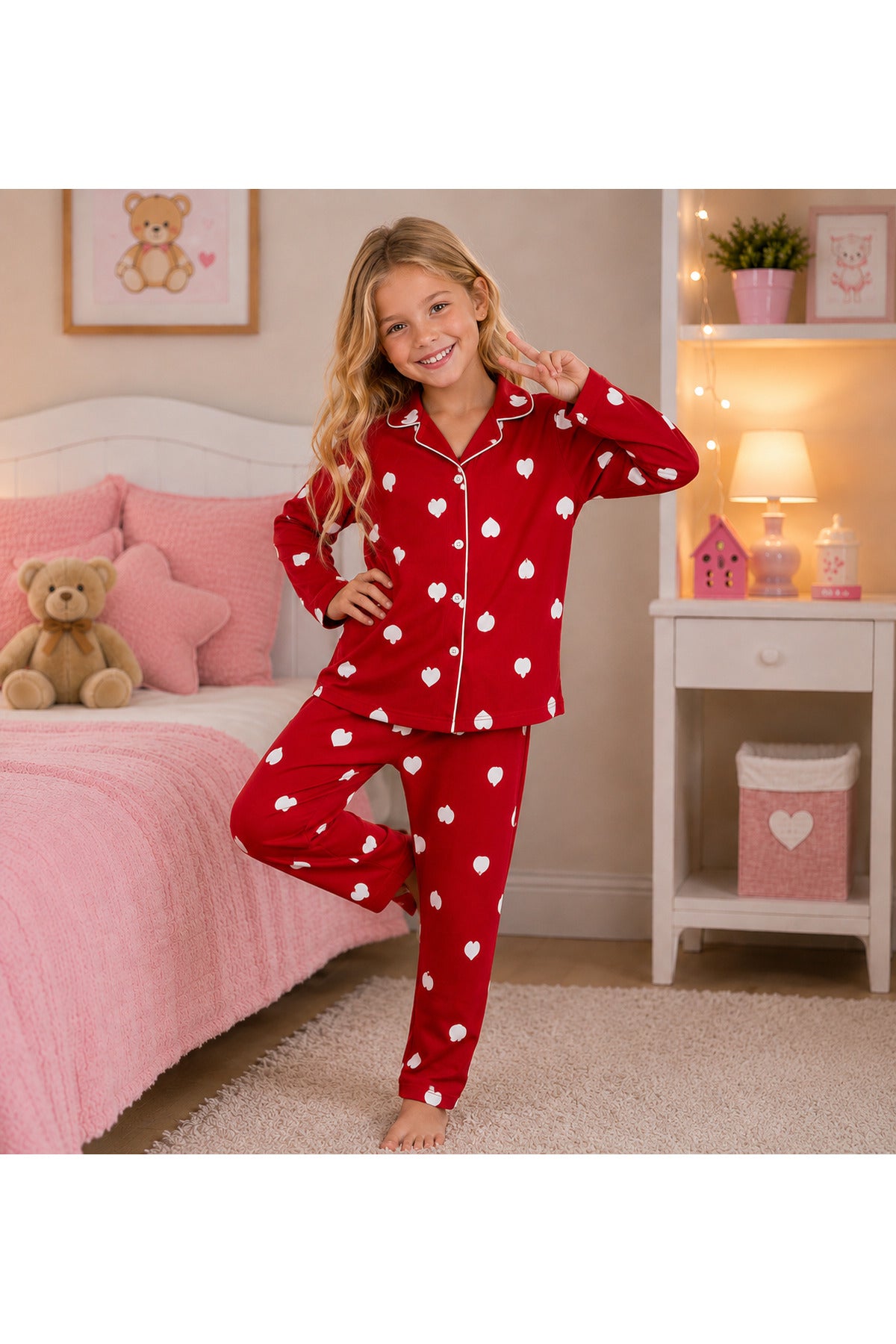 Kız çocuk Pamuklu kalp desenli süet kumaş pijama takımı