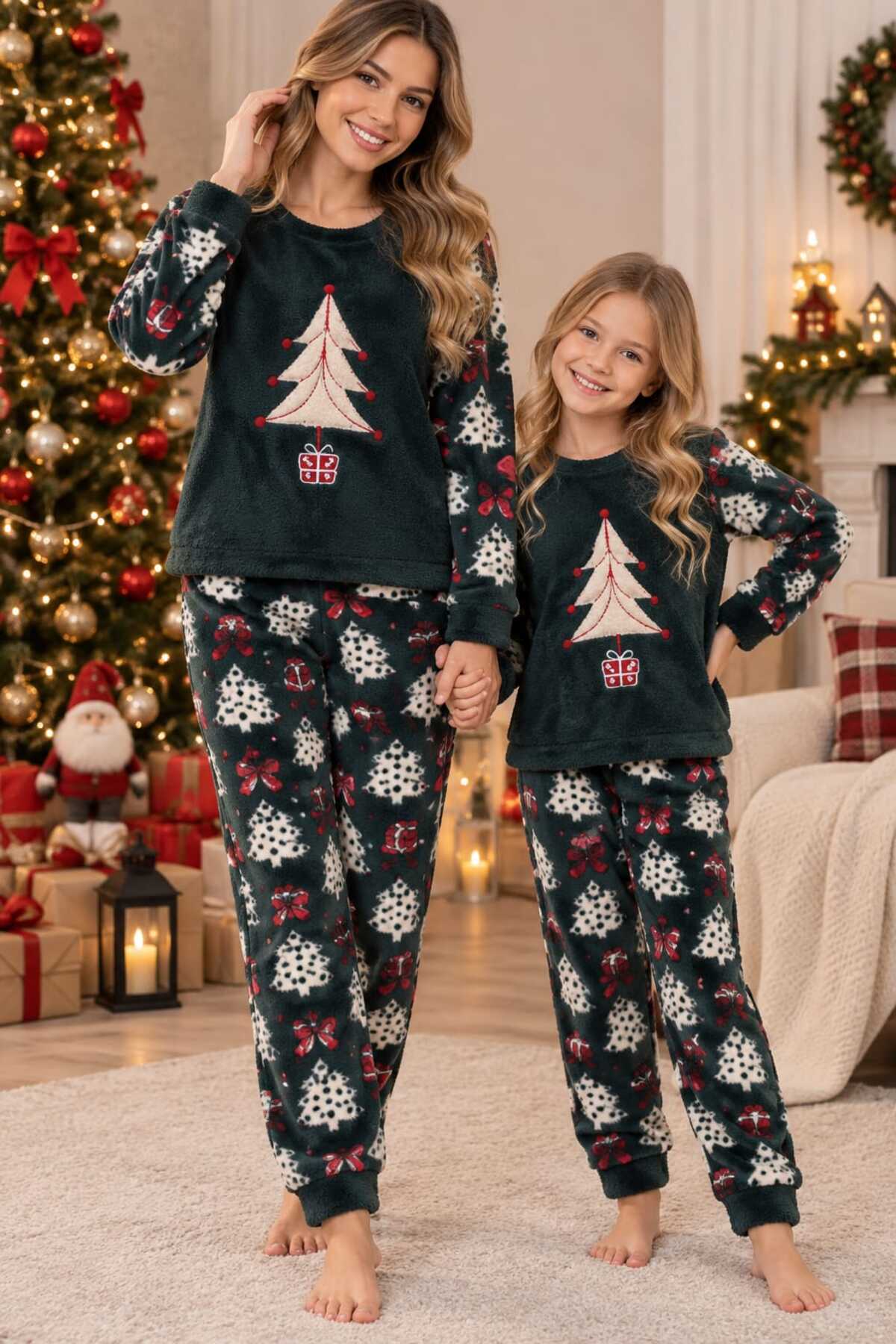 Anne kız kombin pamuklu uzun kollu kışlık pijama takımı (tek takım fiyatıdır)