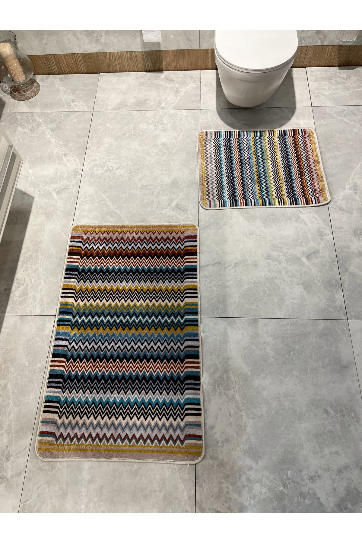 Misson Zigzag Desenli 2 li Deri Taban Banyo Paspas (60x100 - 60x50)