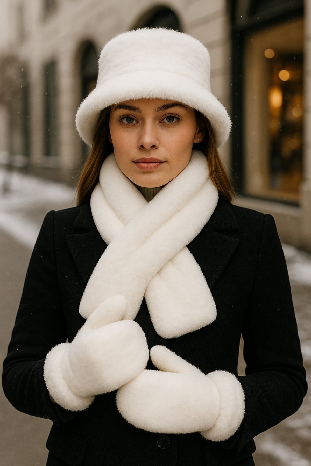 İthal Beyaz Peluş Eldiven Kulaklık Set