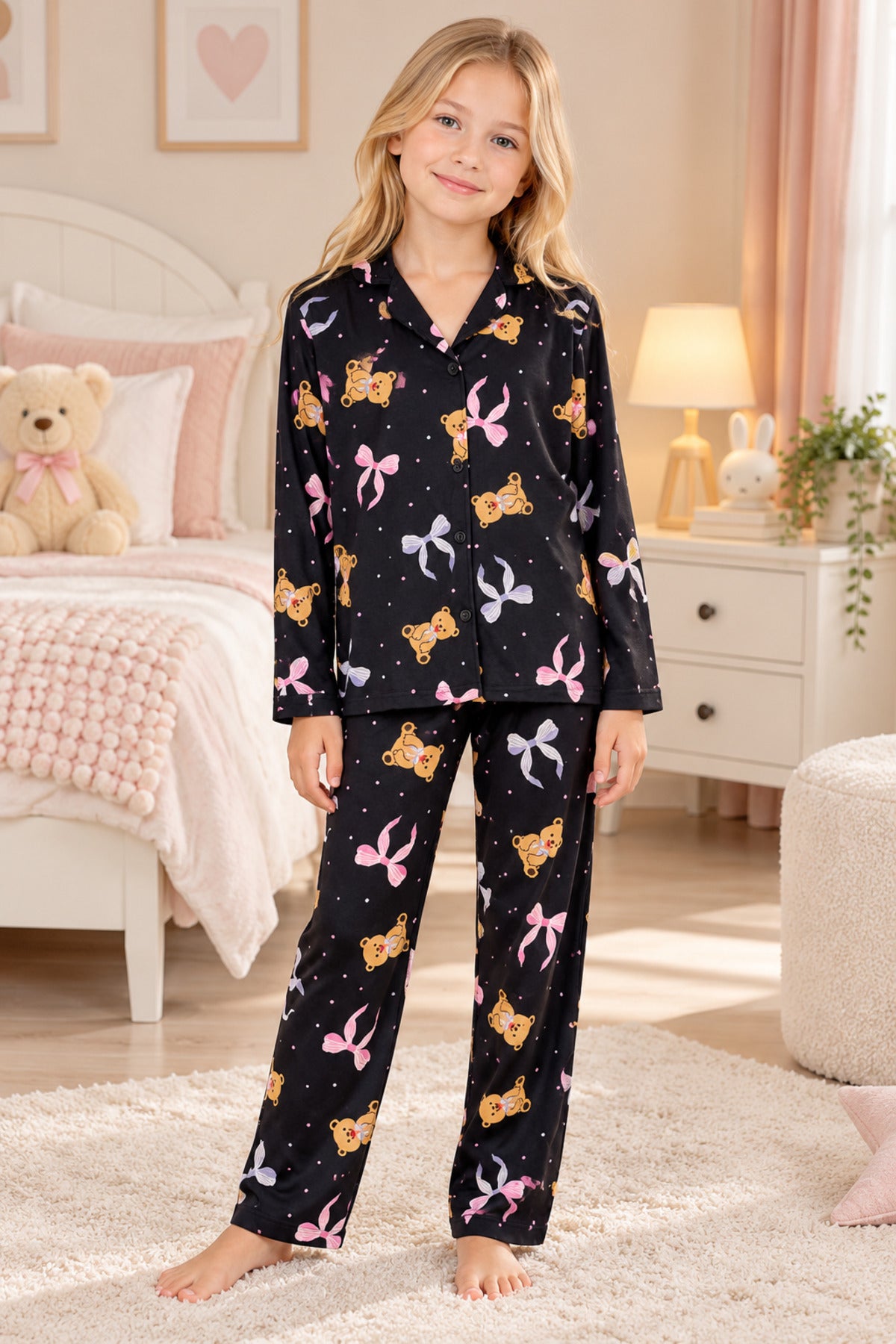 Kız çocuk pamuklu uzun kollu düğmeli pijama takımı
