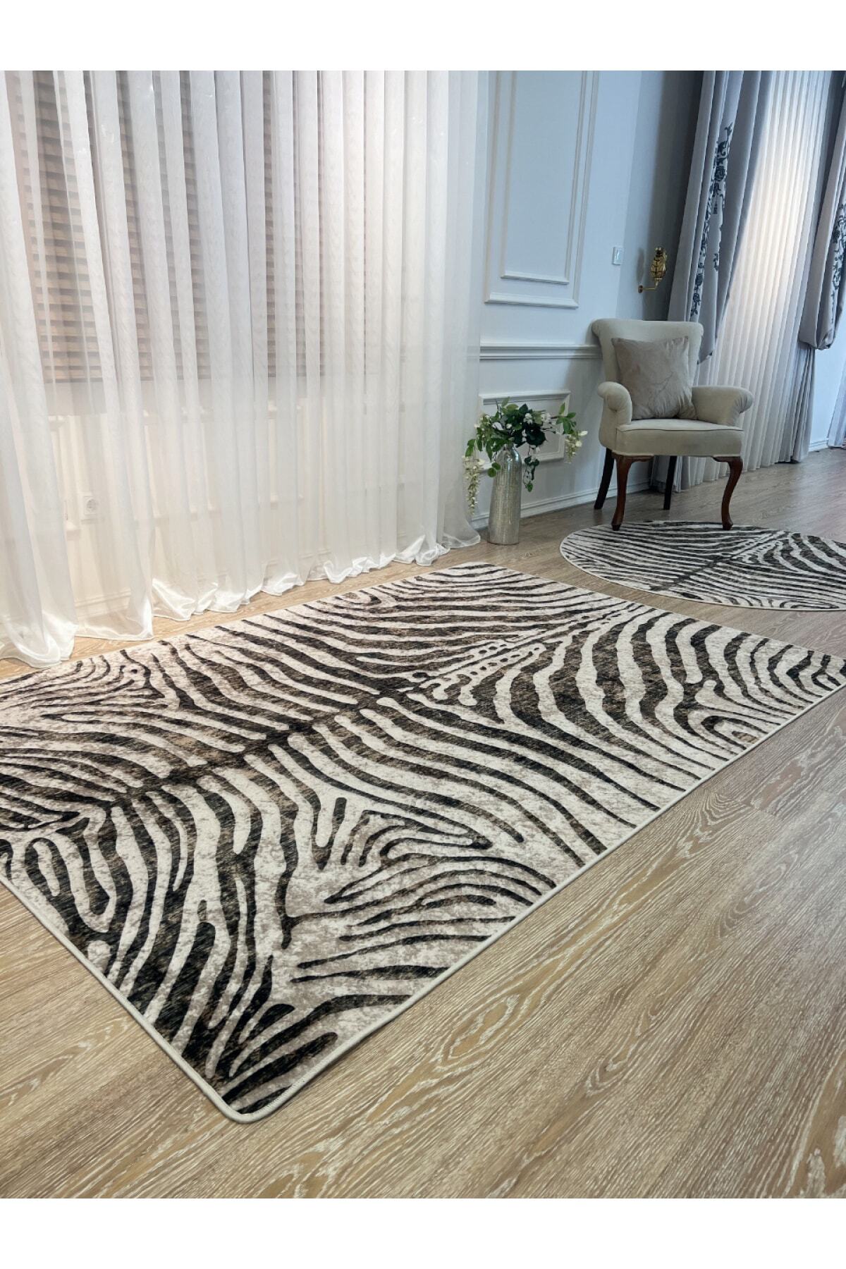 Zebra Desenli Yuvarlak Siyah - Gri Dekoratif Halı