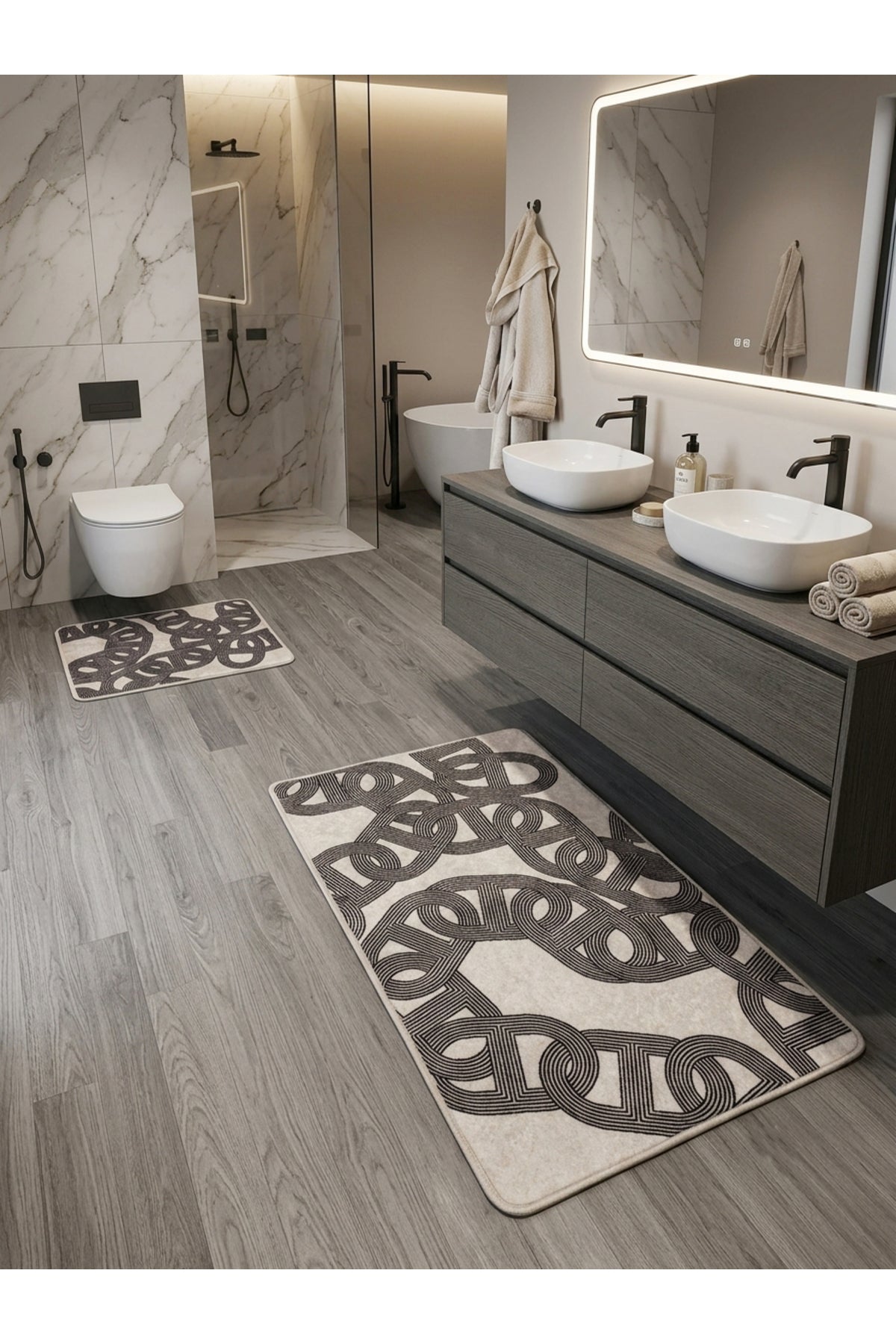 Zincir Desenli Lateks Taban 2'li Banyo Paspası (60x100-60x50)