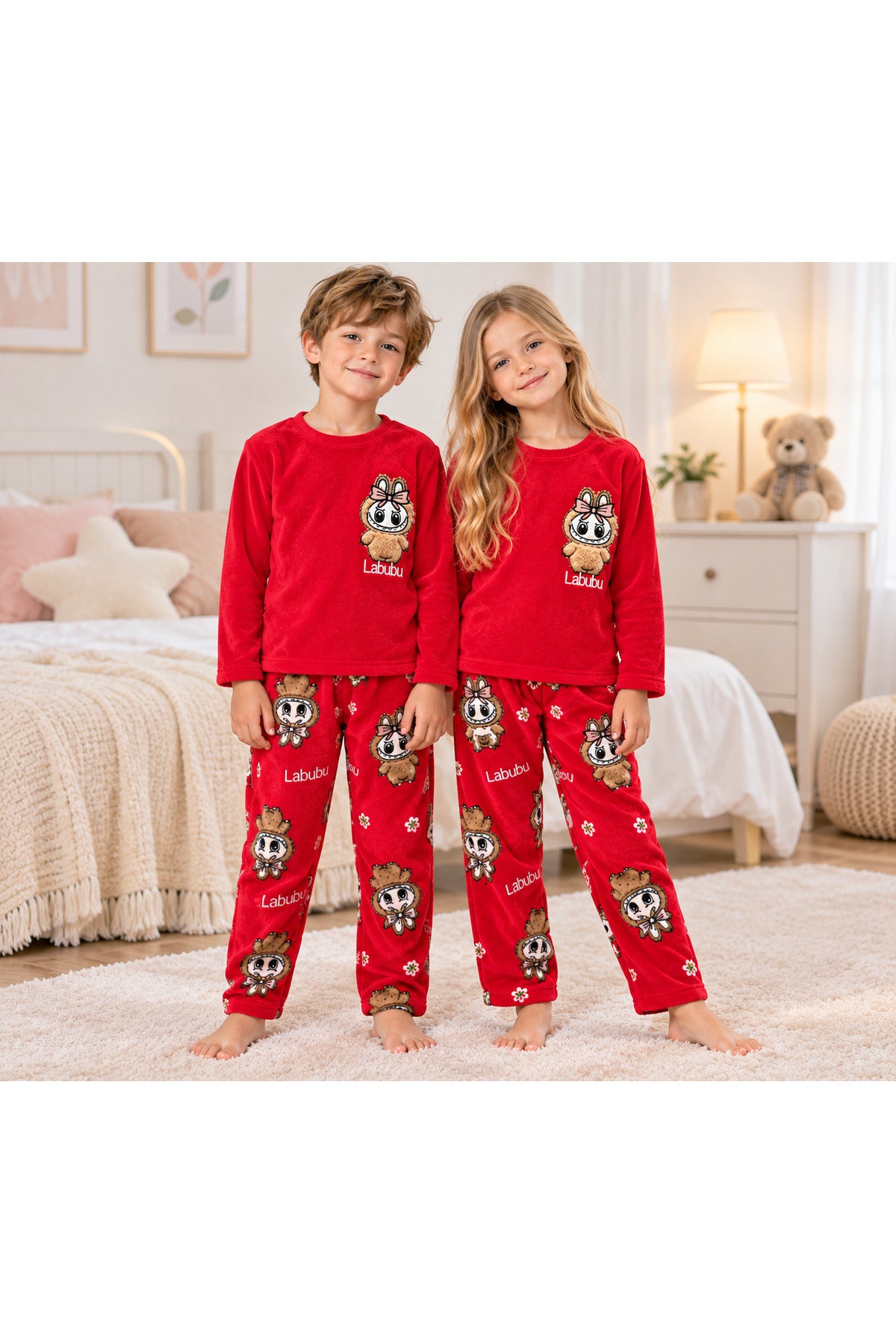 Kız ve erkek çocuk polar kışlık uzun kollu pijama takımı