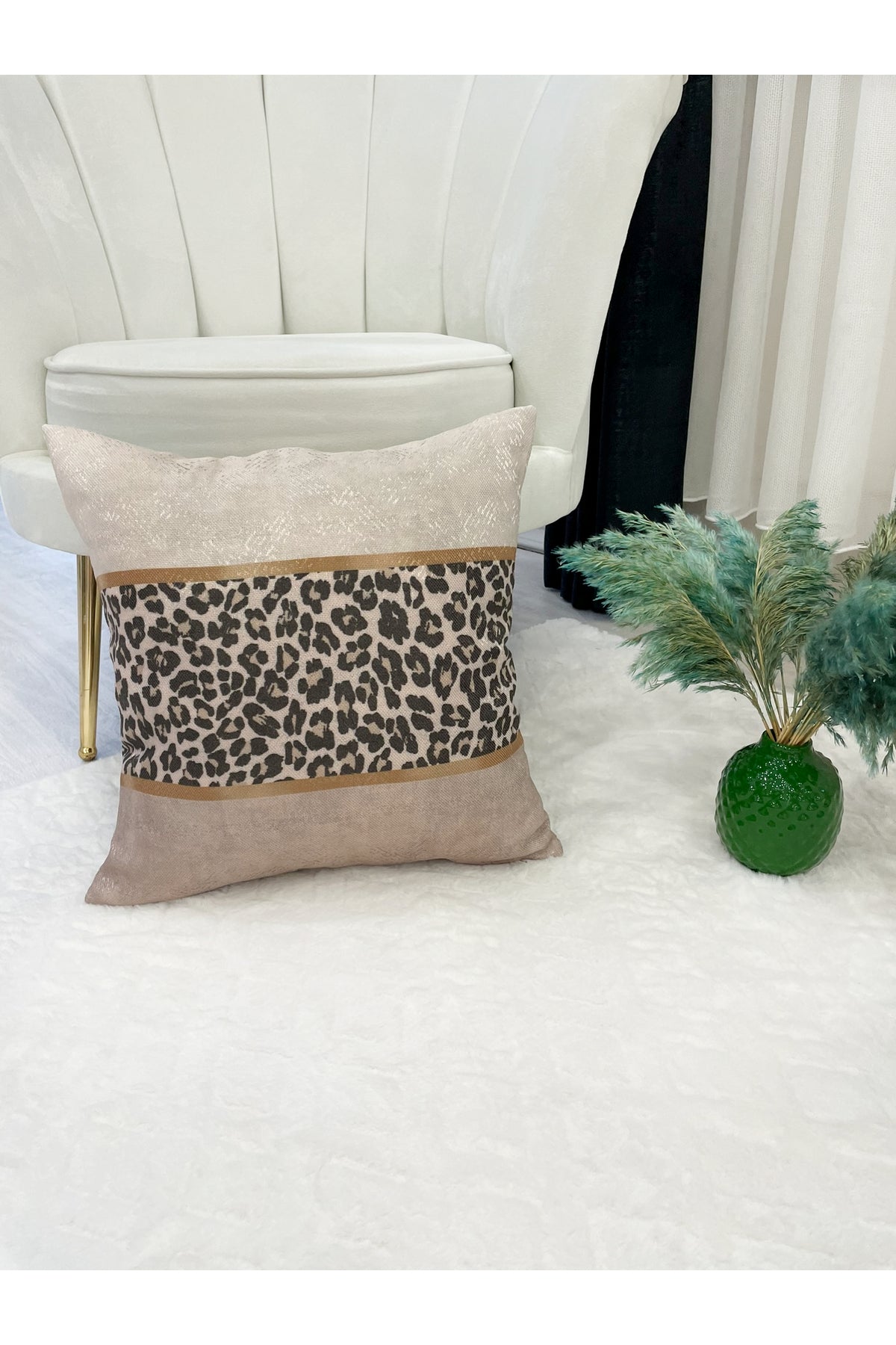 Leopar Desenli Keten Görünümlü Kırlent Kılıfı  - 45x45
