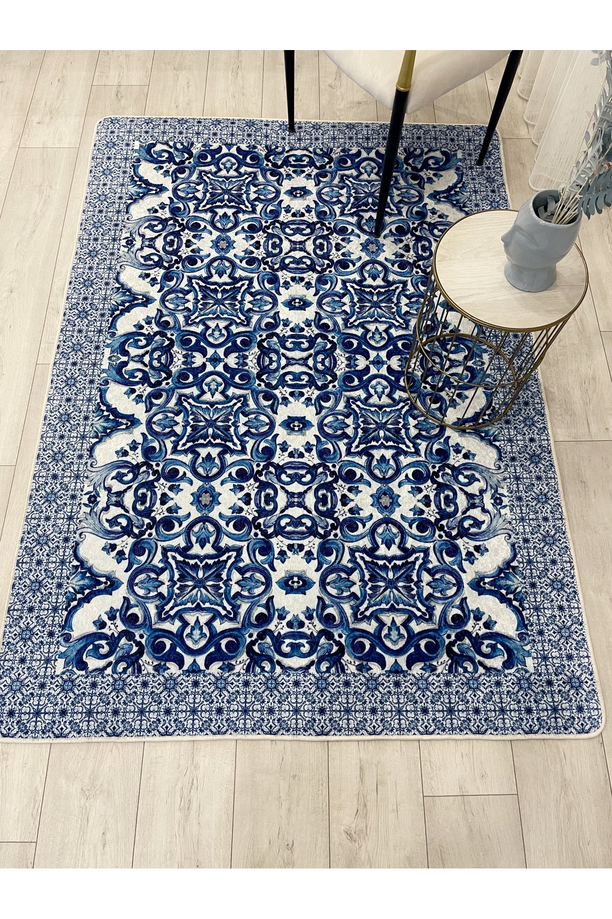 Lacivert-Gri Blue Blanc Modern Lateks Kaymaz Taban Halı