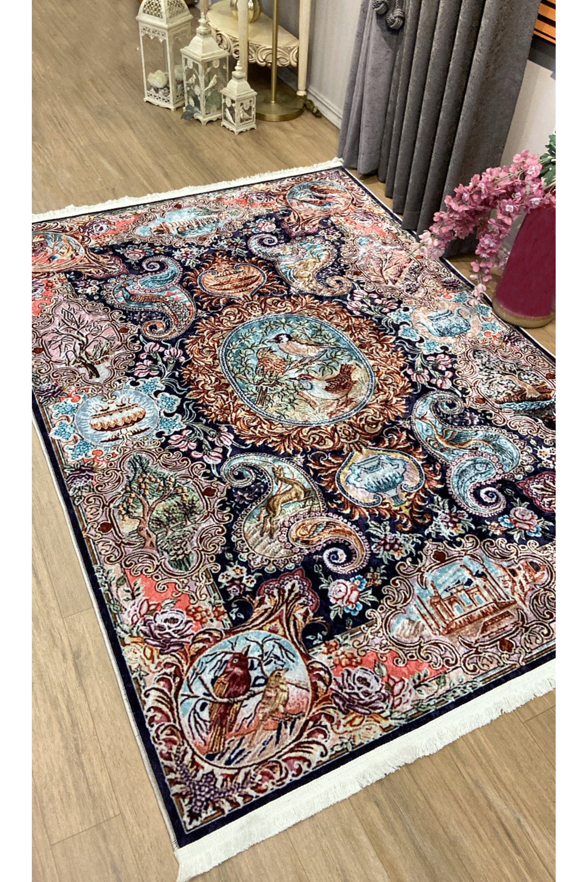 Kuş Motifli Klasik Desen Saçaklı Lateks Taban Halı