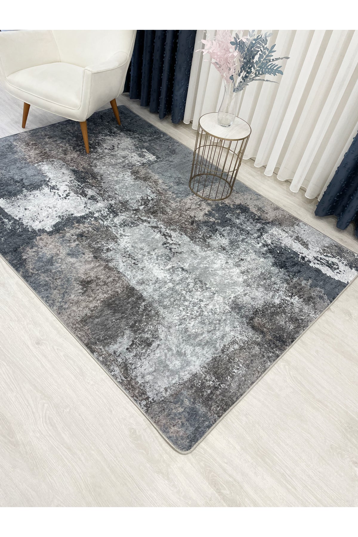GRİ-LACİVERT Abstract Desenli Kaymaz Taban Yolluk Halı