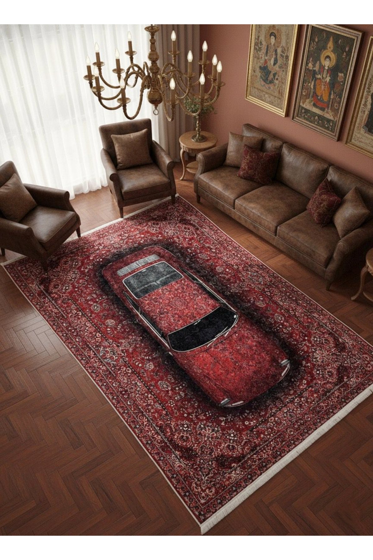 Vintage Araba Desenli Lateks Taban Halı