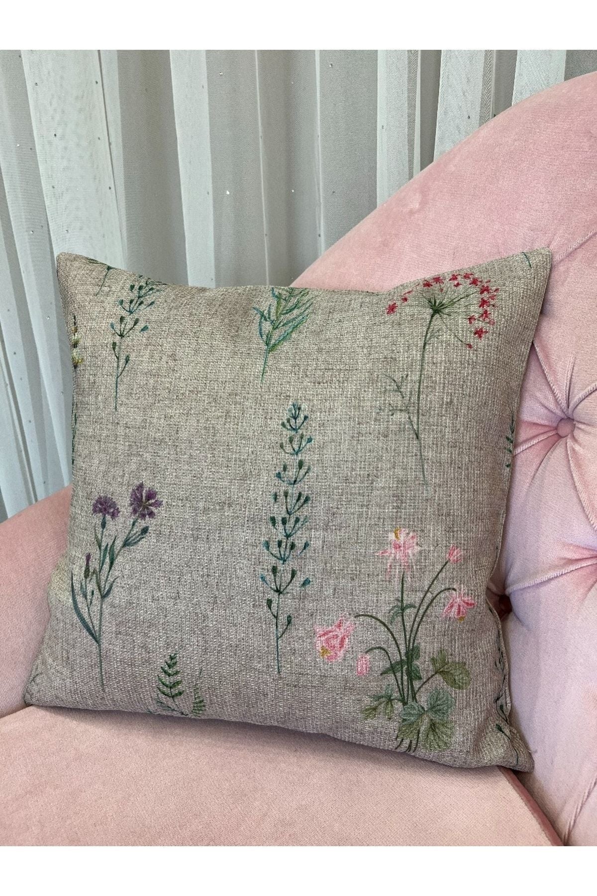 Country Collection Natural Keten Çiçek Desenli Yastık Kılıfı