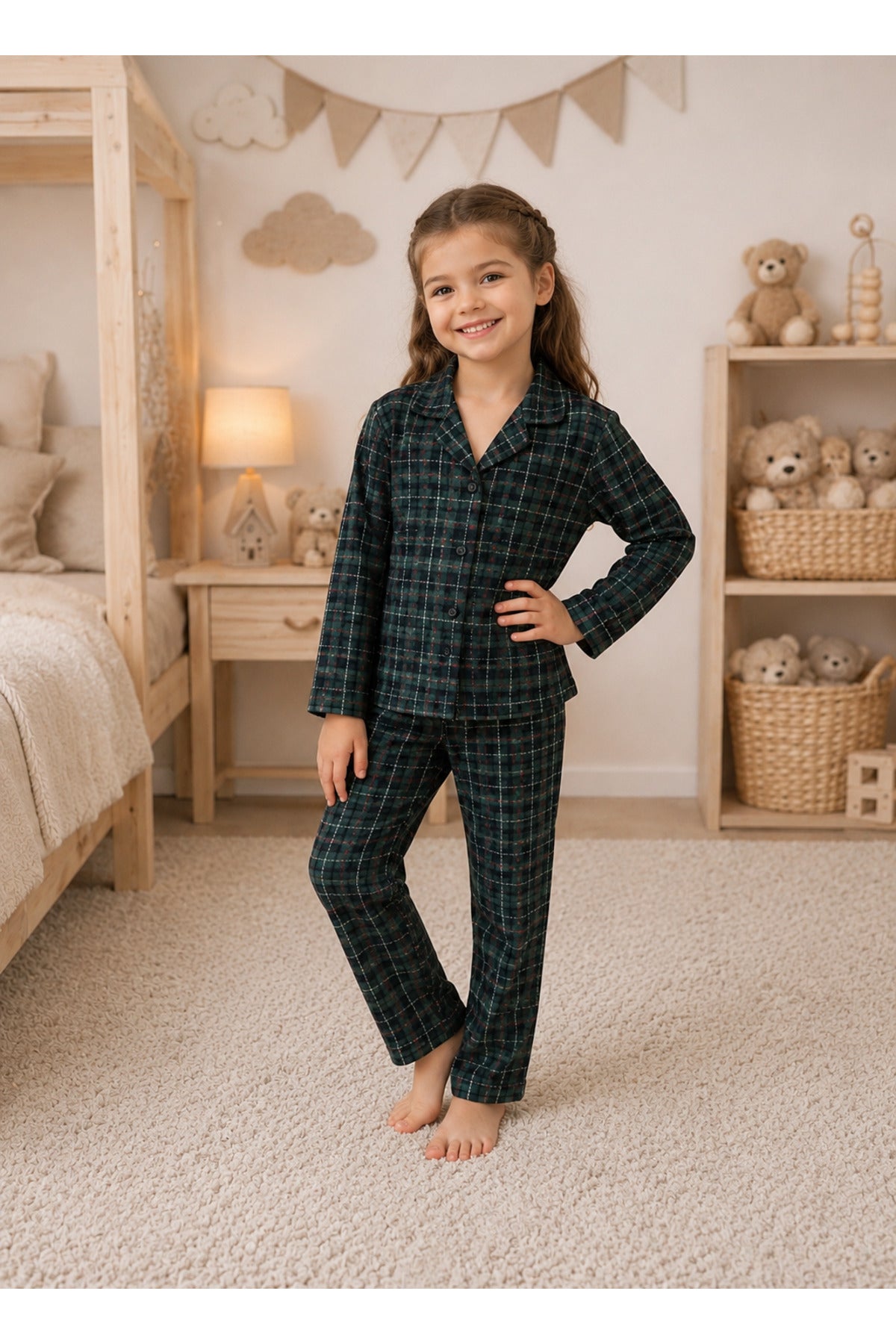 Kız çocuk Pamuklu düğmeli süet uzun kollu pijama takımı