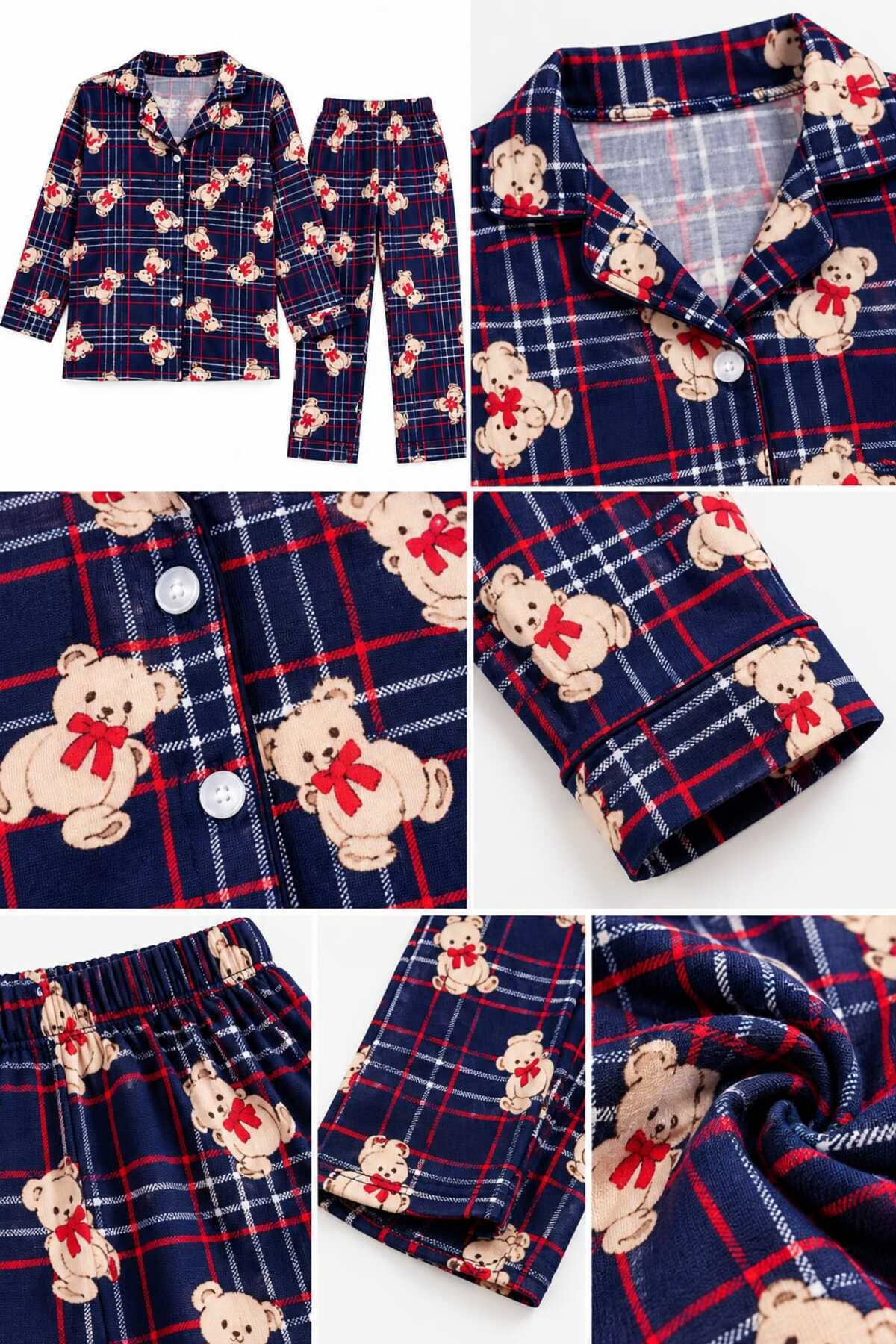 Kız çocuk pamuklu lacivert renk düğmeli uzun kollu pijama takımı