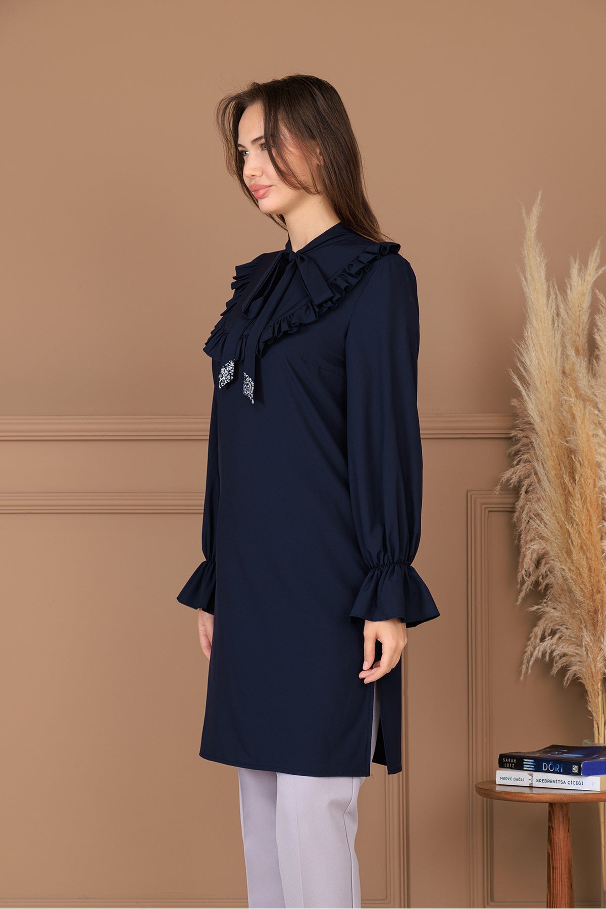 Azel Tesettür Tunik Pantolon İkili Takım, Taş Detaylı, Kravatlı, Yırtmaçlı