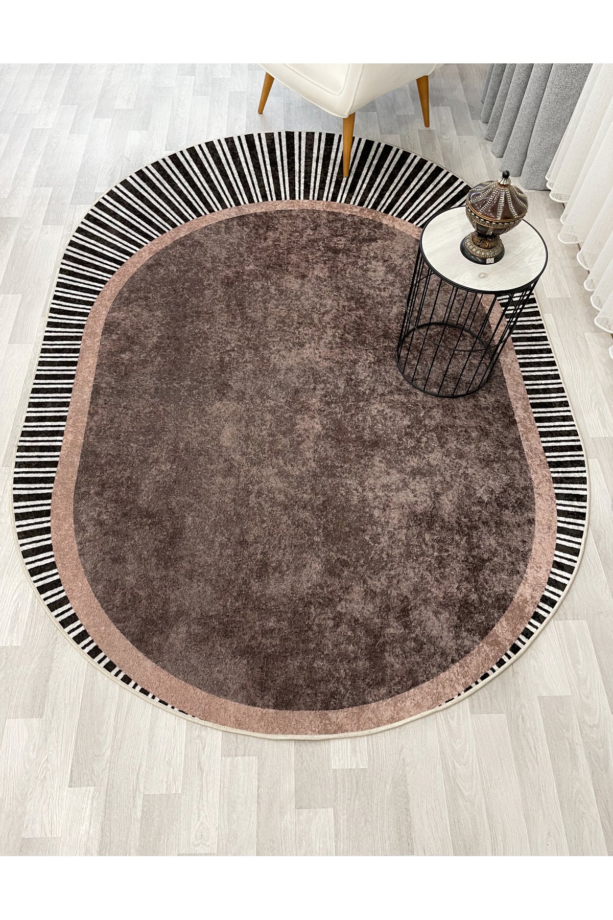 YEŞİL Renk Çizgili Oval Kaymaz Taban Halı