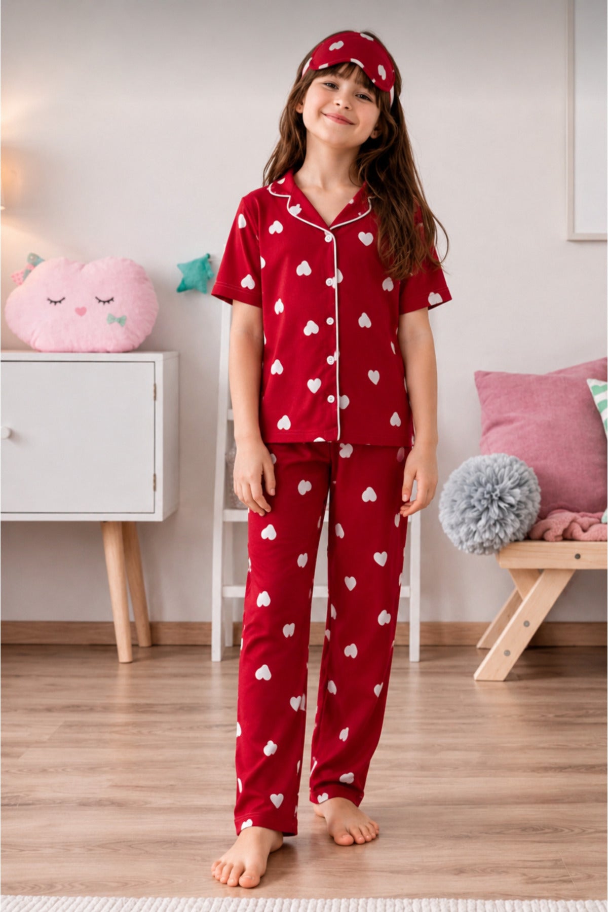 Kız çocuk pamuklu yumuşak kalp desenli yazlık kısa kollu pijama takımı