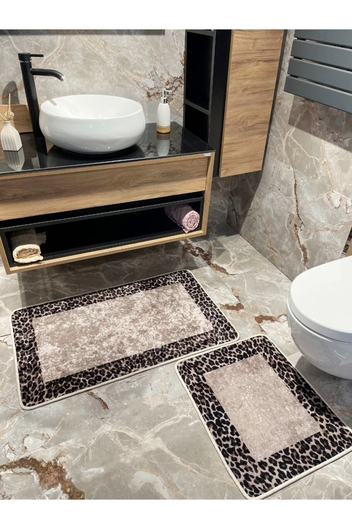 2 'li Leopar Desen Banyo Paspası - Kahverengi Ebat (60X100 - 60X50)
