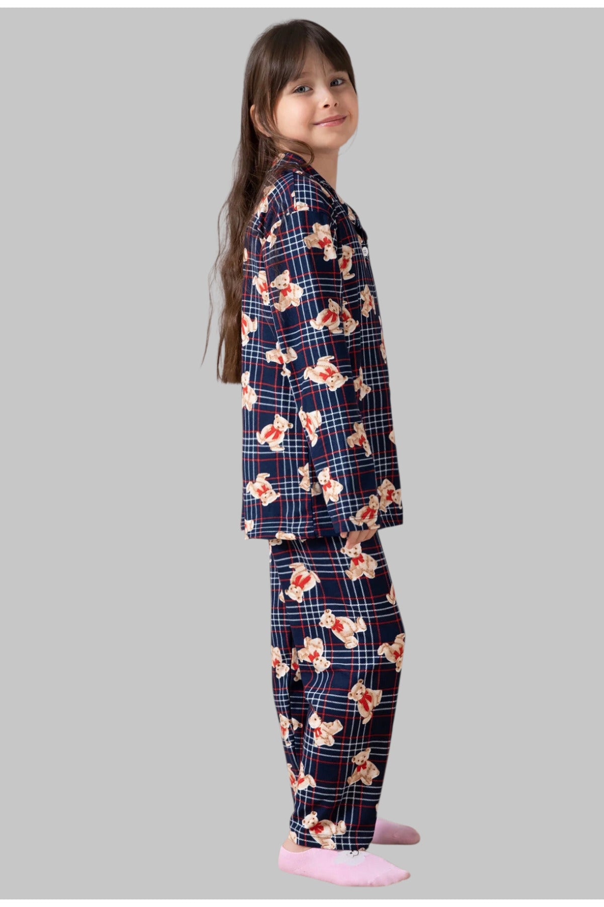 Kız çocuk pamuklu düğmeli pijama takımı