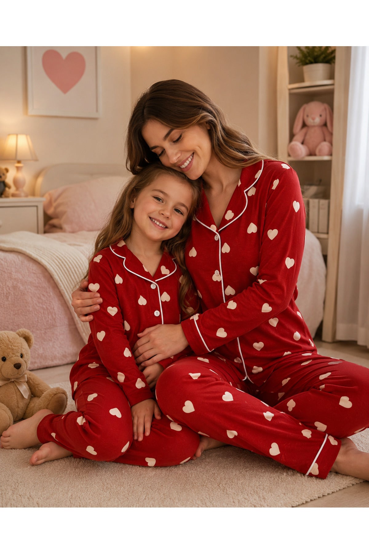 Anne kız pamuklu süet kumaş kalp desenli pijama takımı (tek takım fiyatıdır)