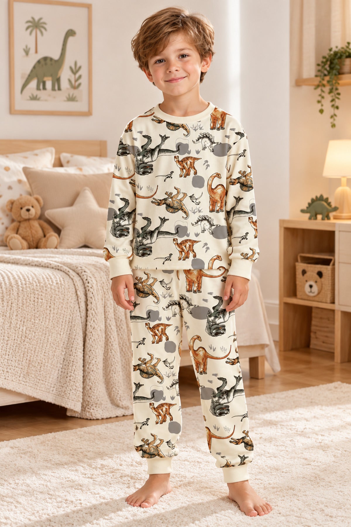 Erkek çocuk %100 pamuklu yumuşak elmas kids uzun kollu pijama takımı