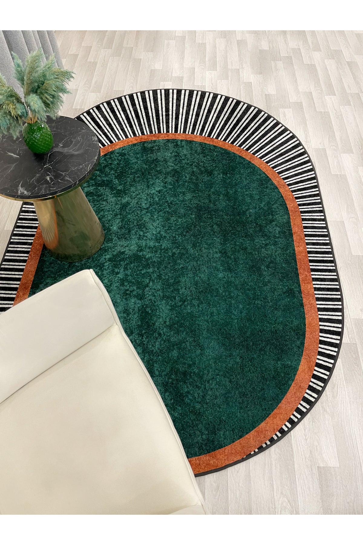 YEŞİL Renk Çizgili Oval Kaymaz Taban Halı