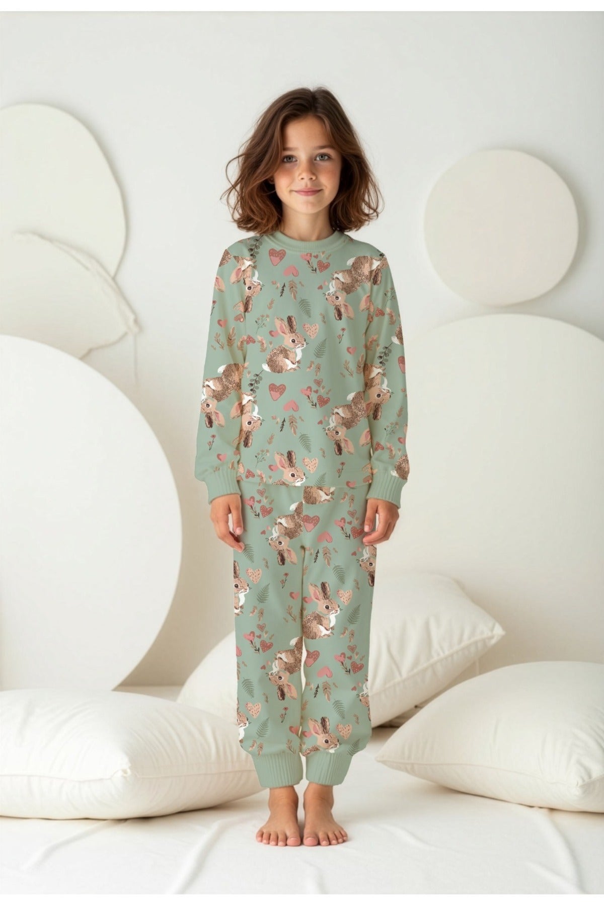 Kız çocuk %100 pamuklu sevimli tavşan desenli yumuşacık uzun kollu pijama takımı