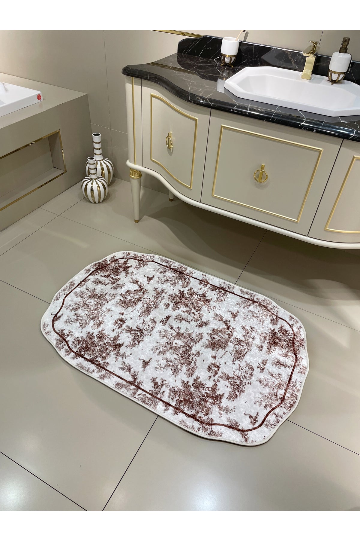 Toile de Jouy Temalı Tekli Lateks Taban Banyo Paspası (80X120)