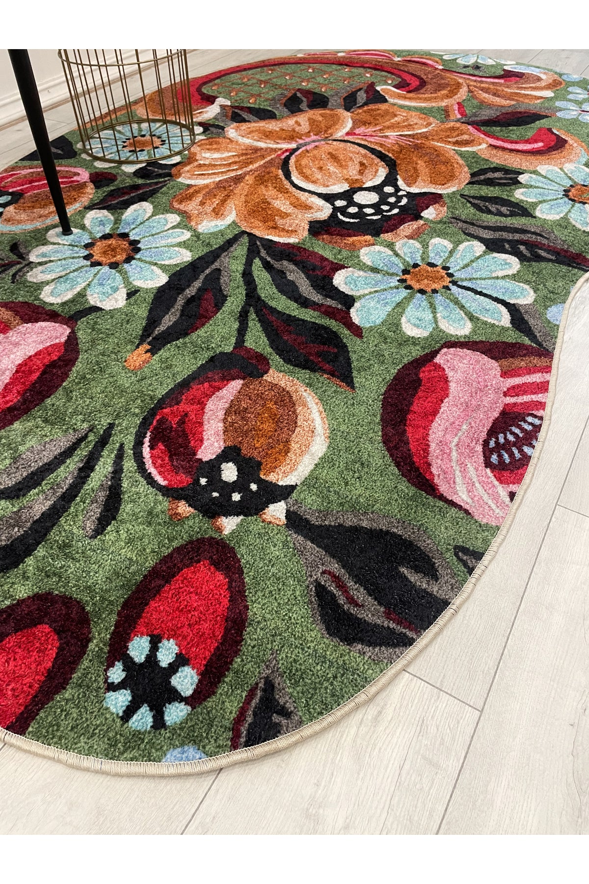 Yeşil Çiçek Desenli Floral Lateks Taban Halı