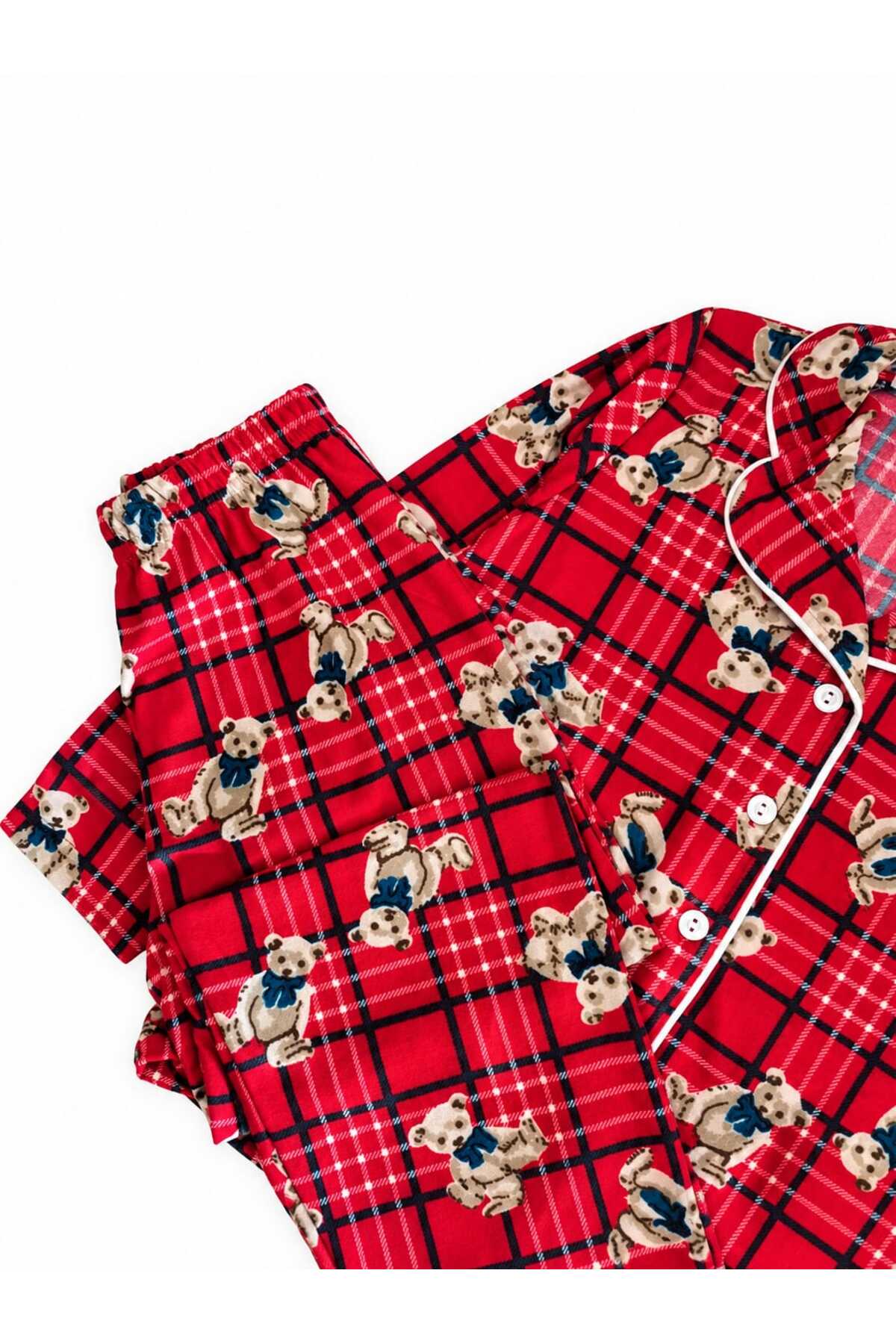 Kız çocuk pamuklu uzun kollu düğmeli ayıcık desenli süet pijama takımı