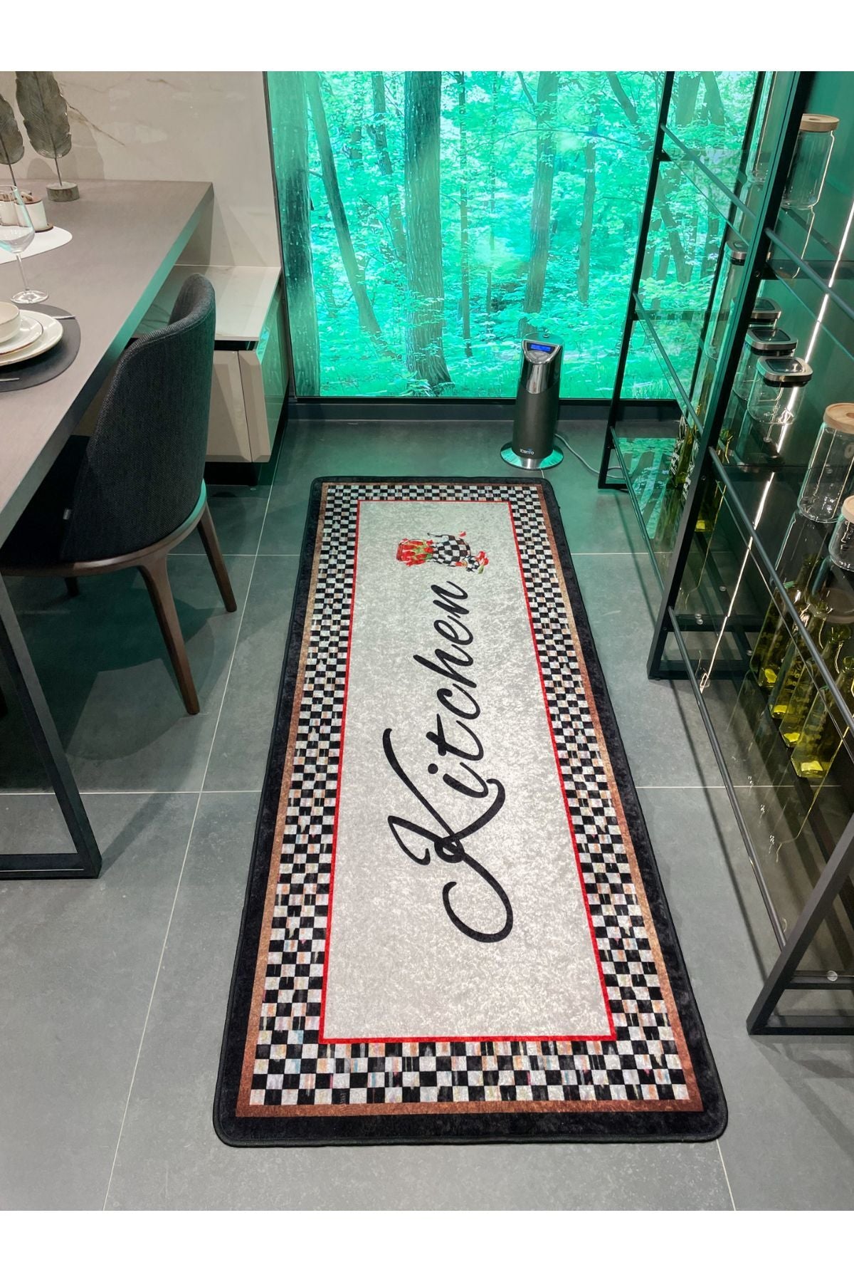 Kitchen Mackenzie Dama Desenli Mutfak Halısı GRİ - SİYAH