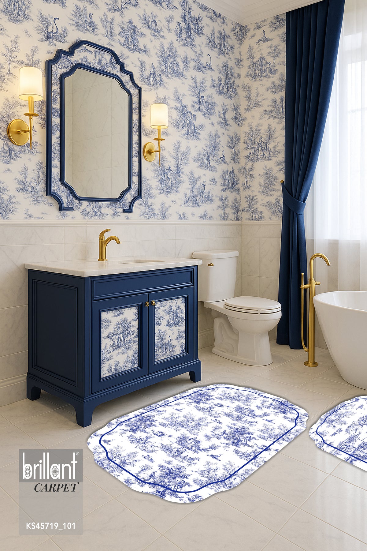 Toile de Jouy Temalı Tekli Lateks Taban Banyo Paspası (80X120)