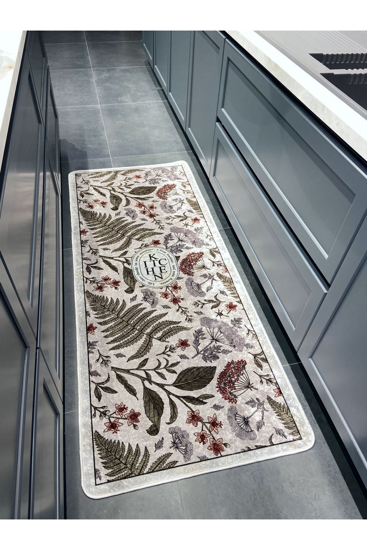 Çiçek Desenli Lateks Deri Taban Kitchen Mutfak Halısı GRİ