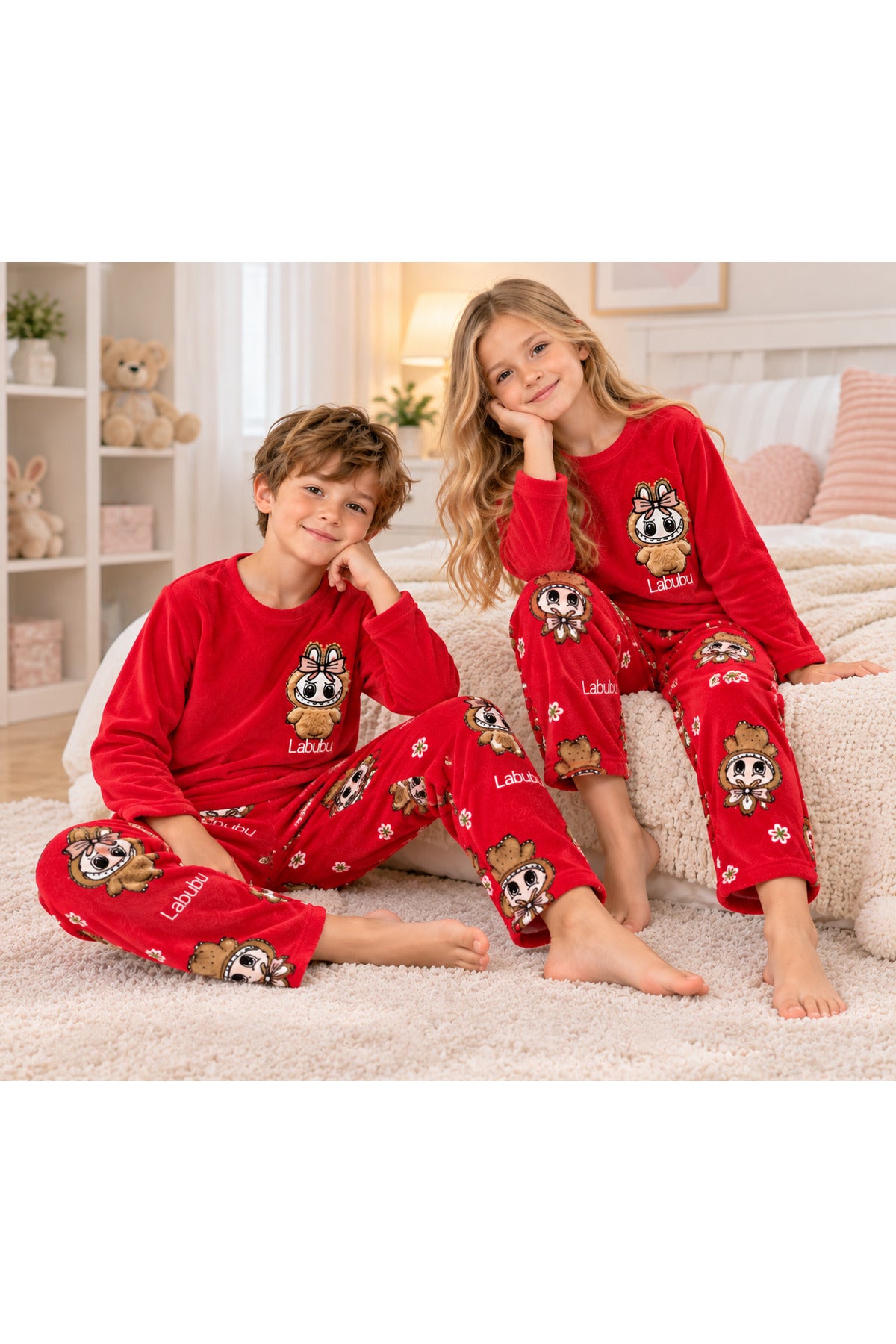 Kız ve erkek çocuk polar kışlık uzun kollu pijama takımı