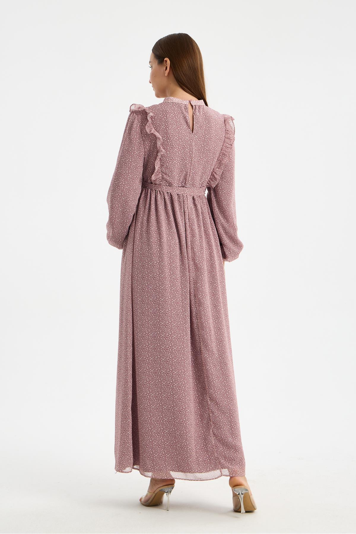 M0024-Hakim Yaka Mini Leopar Desen Hamile Maxi Şifon Elbise