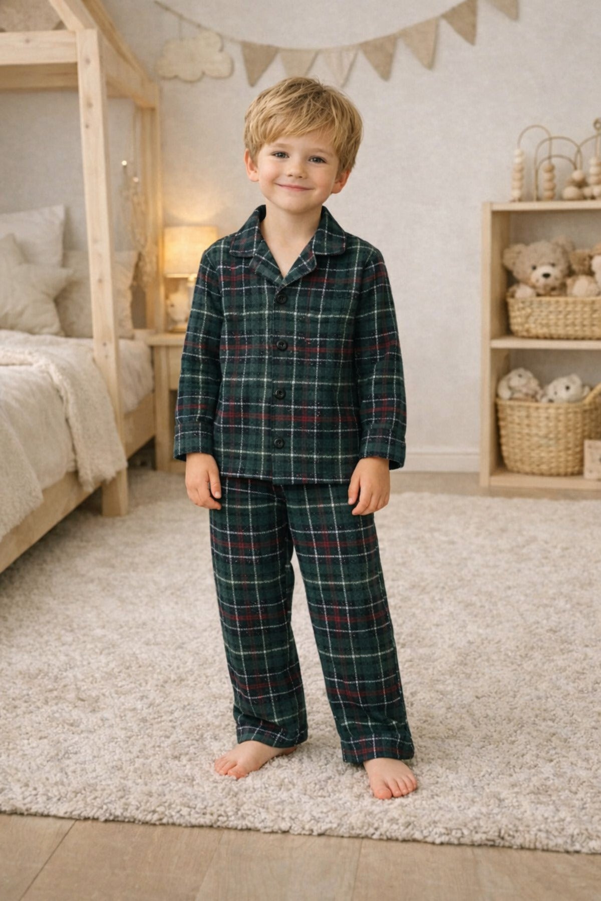 Erkek çocuk pamuklu düğmeli süet pijama takımı