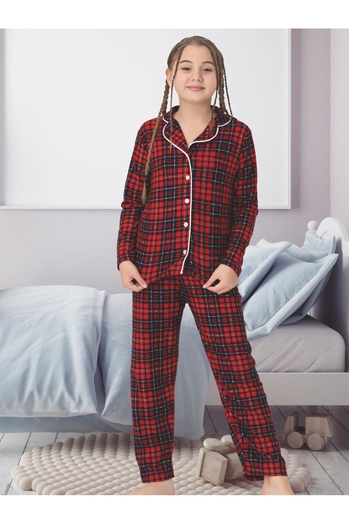 Anne-kız pamuklu ekose desen süet kumaş düğmeli pijama takımı (tek takım fiyatıdır)