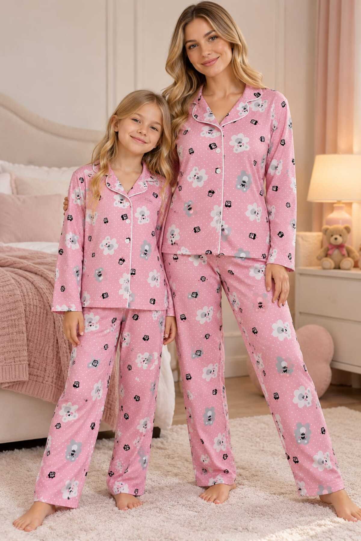 Anne ve kız çocuk kombin pamuklu uzun kollu düğmeli pijama takımı ( ayrı ayrı satılmaktadır)