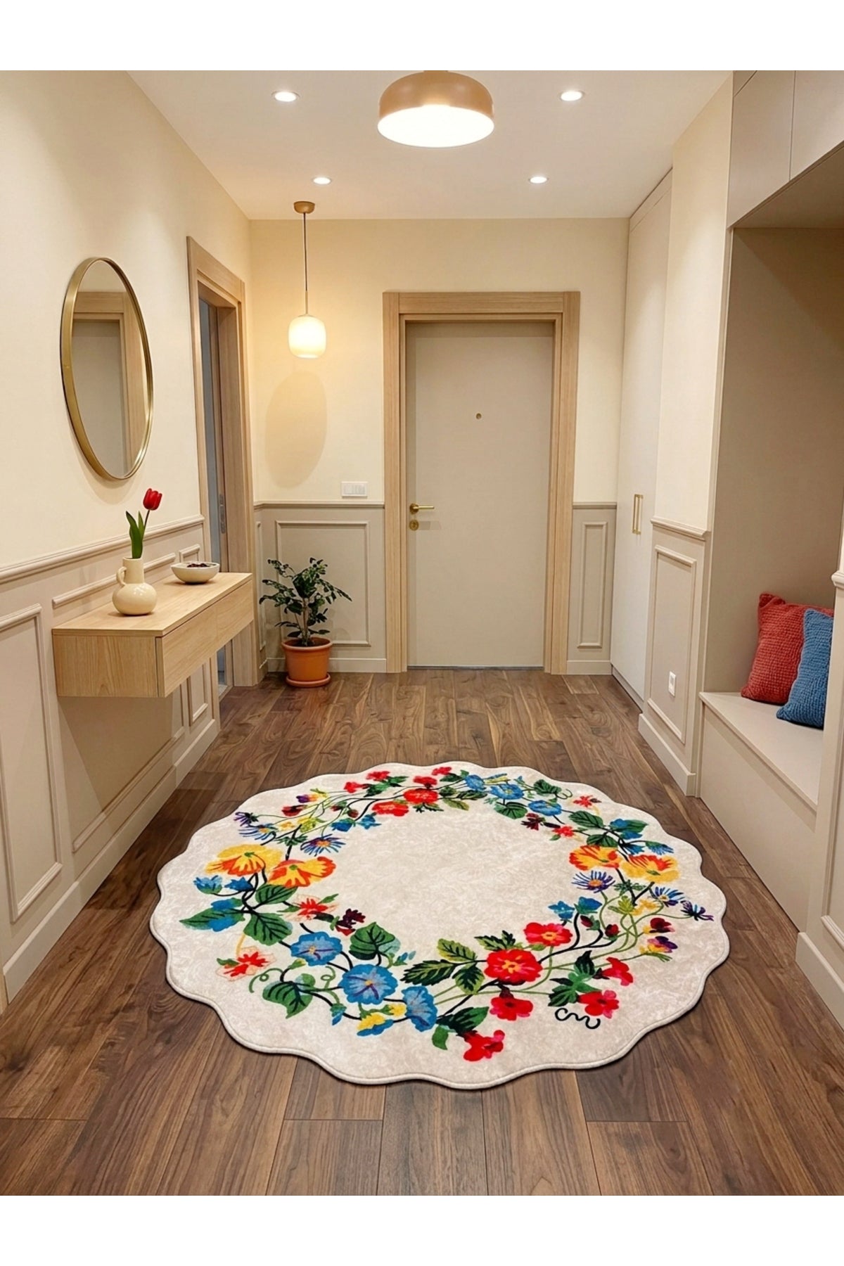 Floral Çiçek Desenli Dalgalı Kesim Lateks Taban Antre Mutfak Halısı