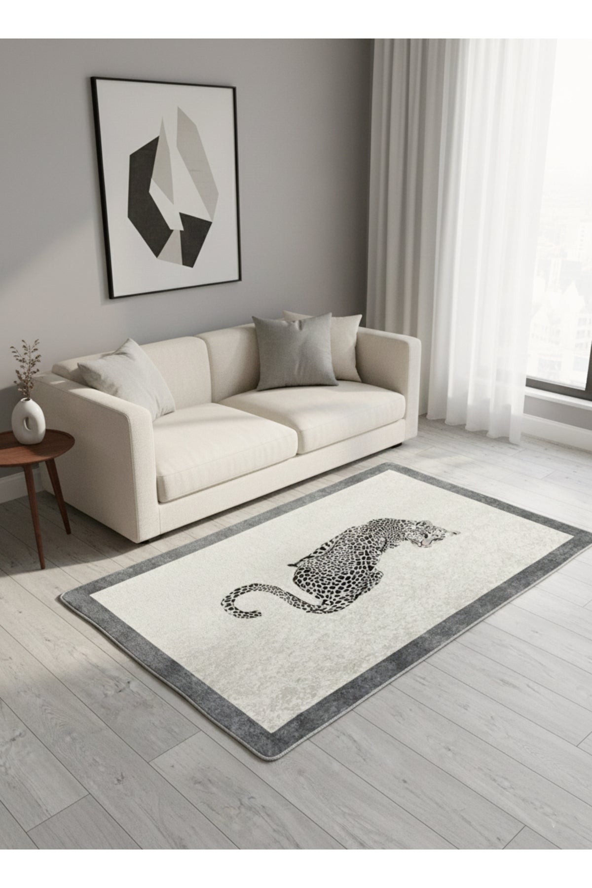 Leopar Desen Krem Gri Çerçeve Lateks Deri Taban Halı