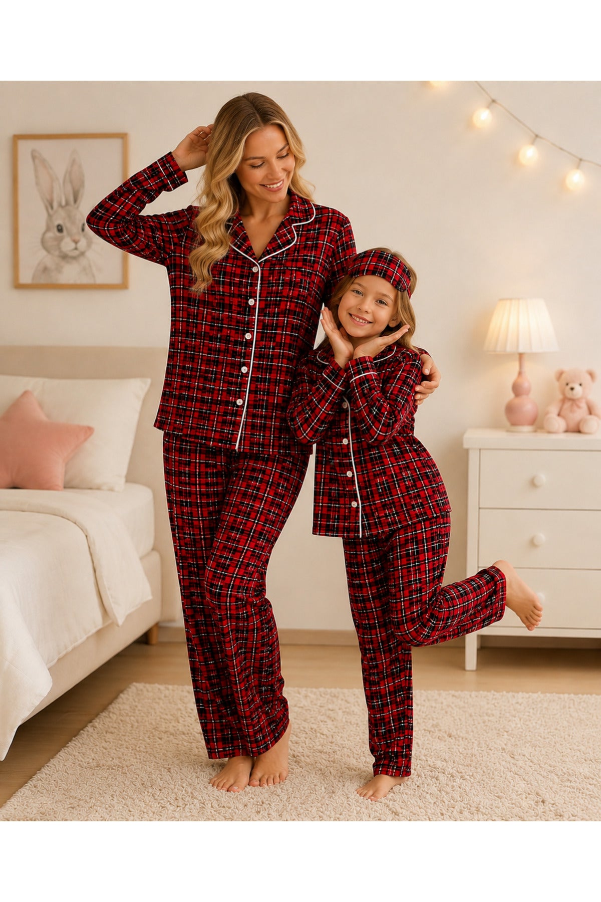 Anne kız Pamuklu düğmeli ekose desenli uzun kollu pijama takımı