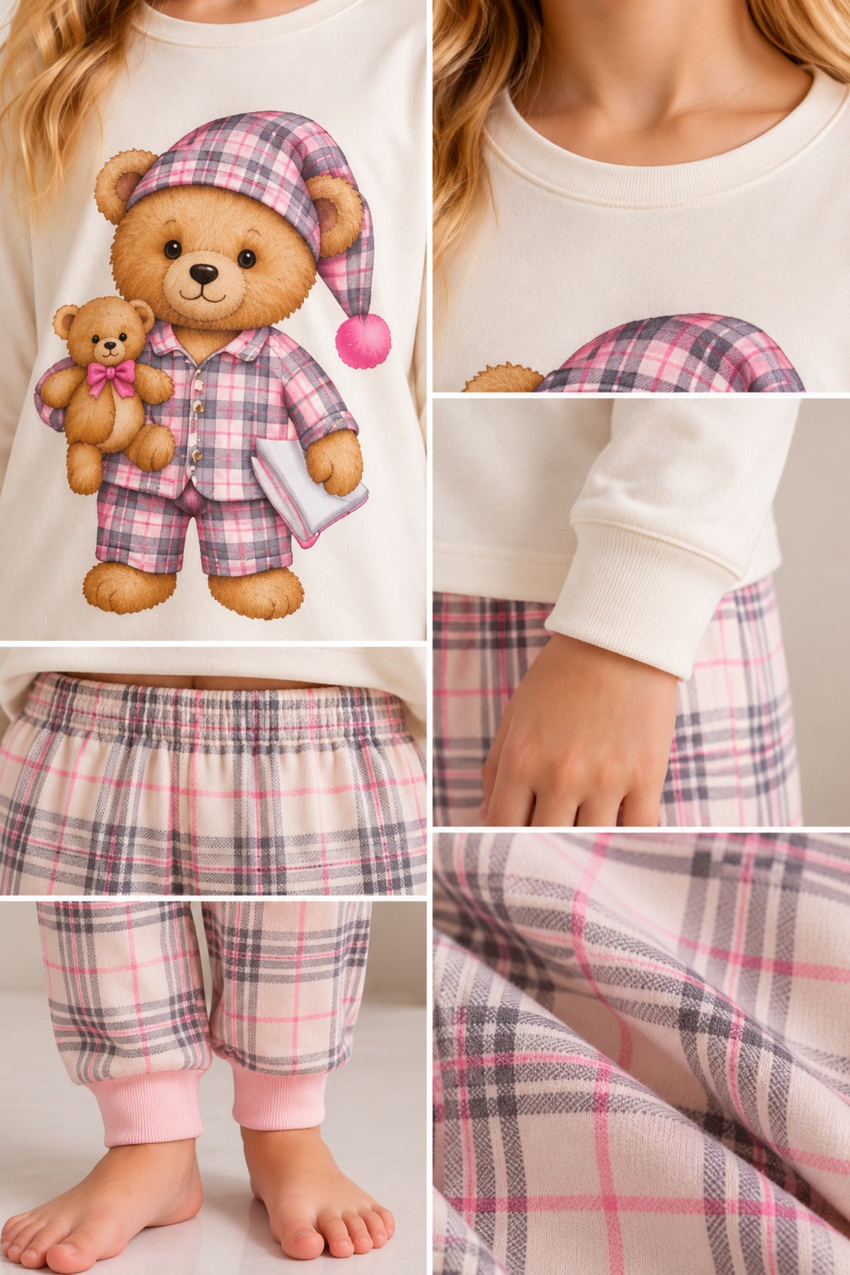 %100 pamuklu kız çocuk sevimli ayıcık desenli uzun kollu pijama takımı
