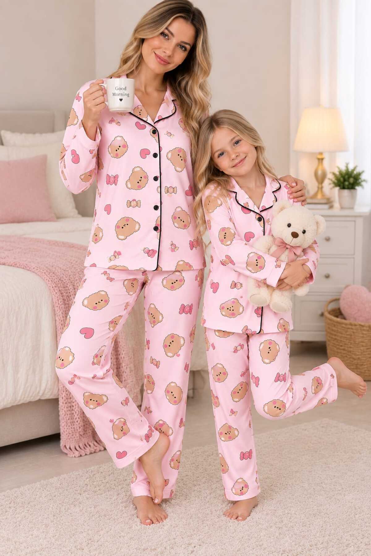 Anne kız pamuklu düğmeli uzun kollu süet pijama takımı (tek takım fiyatıdır)