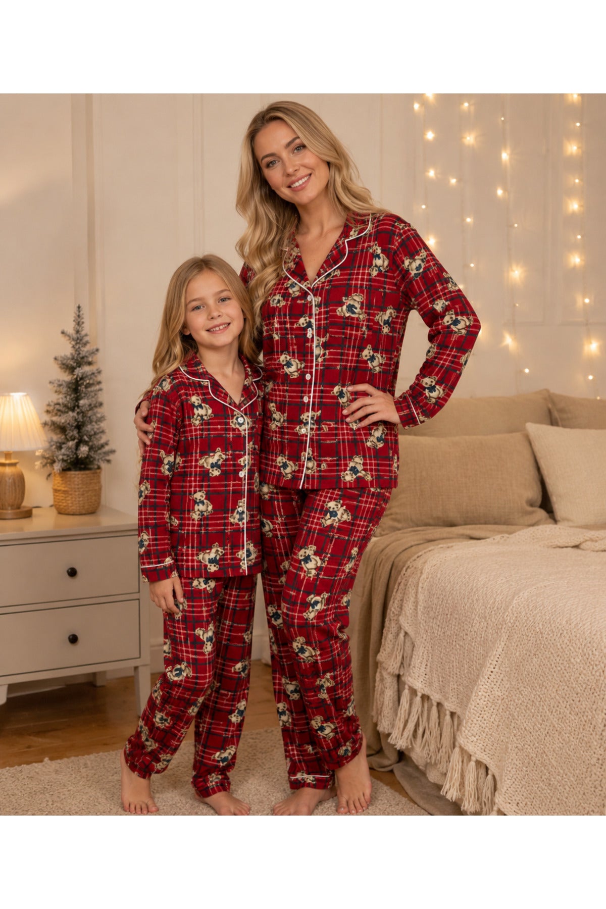 Anne kız kombin pamuklu süet kumaş uzun kollu düğmeli pijama takımı (tek takım fiyatıdır)
