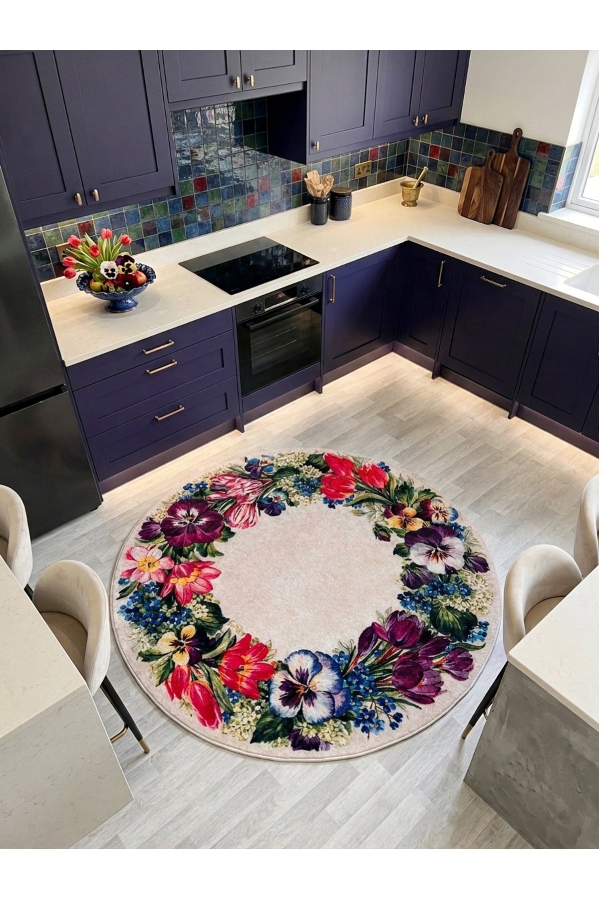 Floral Çiçek Desenli Lateks Taban Antre Mutfak Halısı