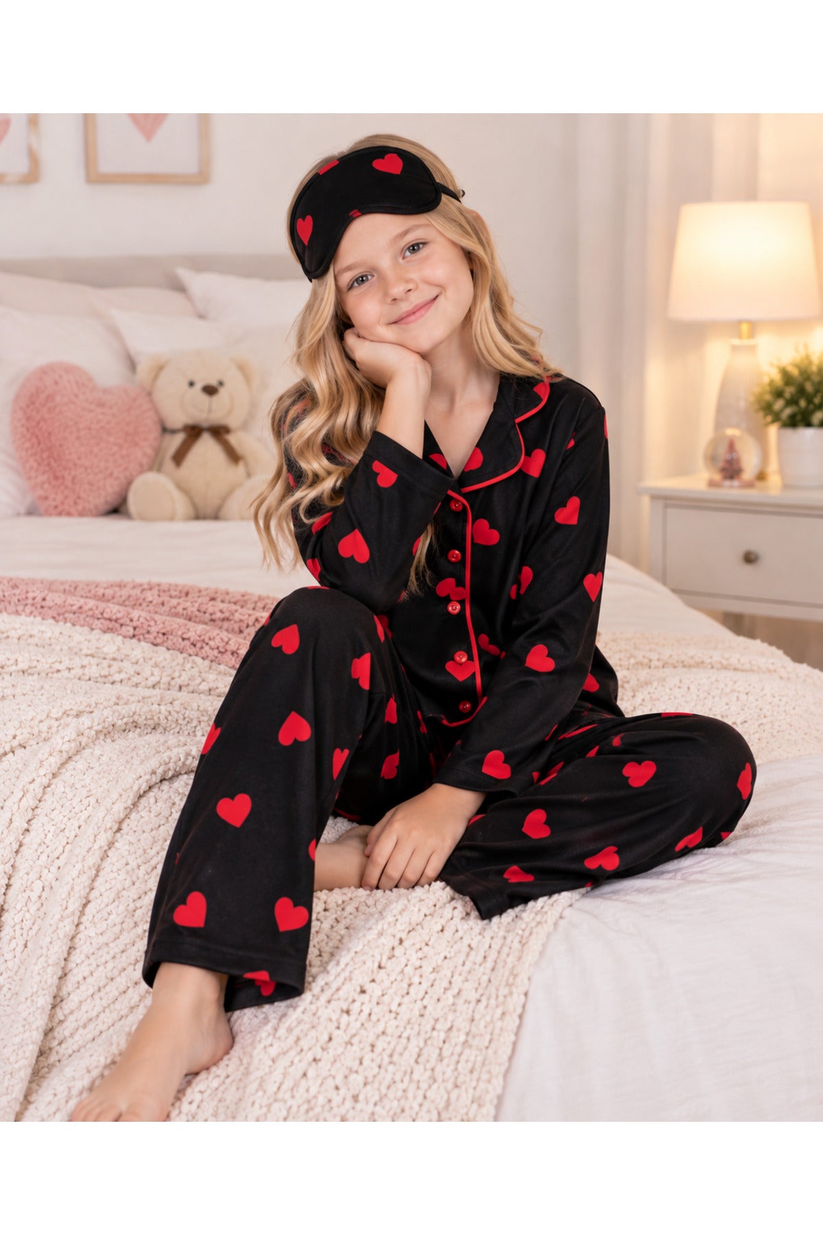 Kız çocuk pamuklu düğmeli kalp desenli uzun kollu süet pijama takımı