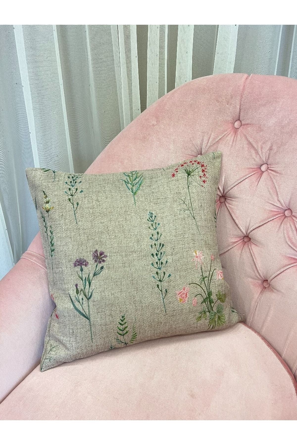 Country Collection Natural Keten Çiçek Desenli Yastık Kılıfı