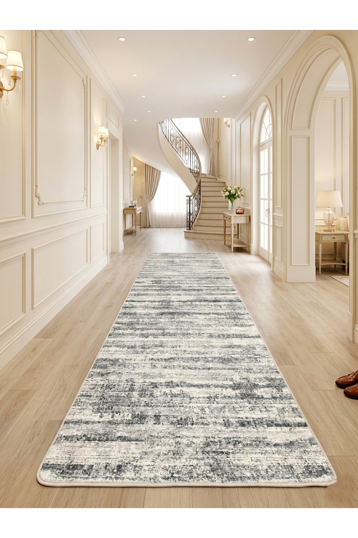 Eskitme Desen Gri Renk Kaymaz Taban Yolluk - Mutfak Halısı