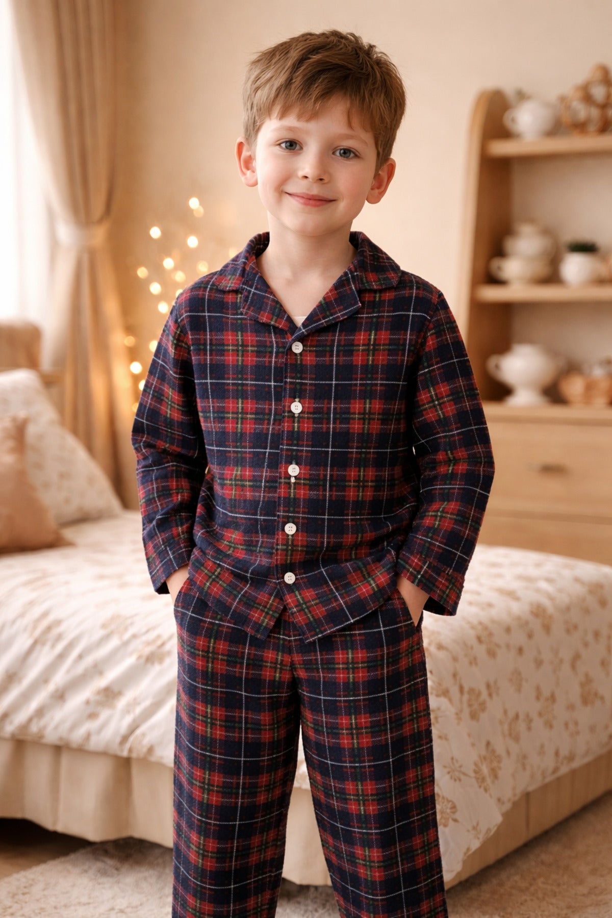 Erkek çocuk pamuklu ekose desenli süet pijama takımı