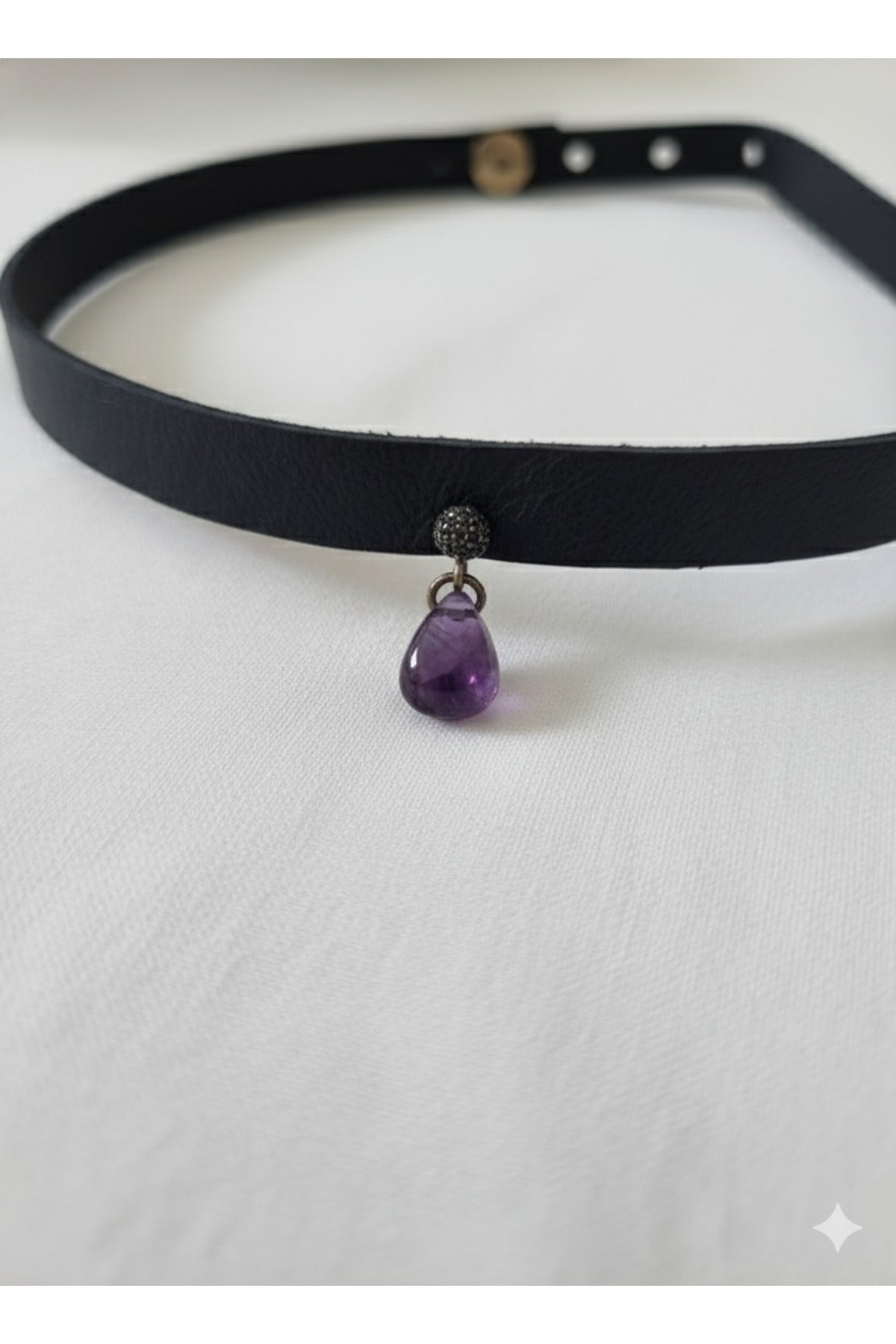 925 Ayar Mor Damla Taş Sallantılı, Deri Choker Kolye