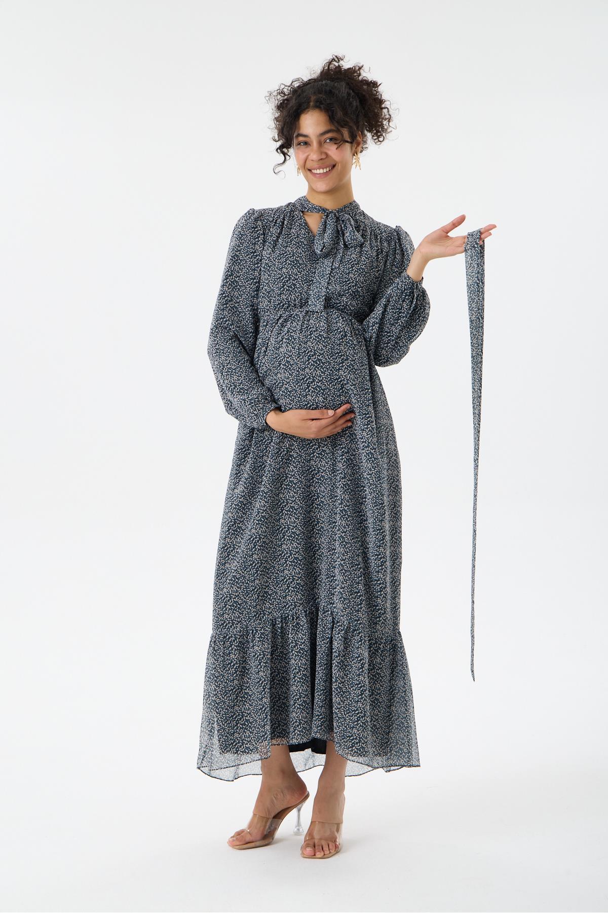 M0015-Yaka Bağlamalı Çiçek Desen Maxi Hamile Elbise