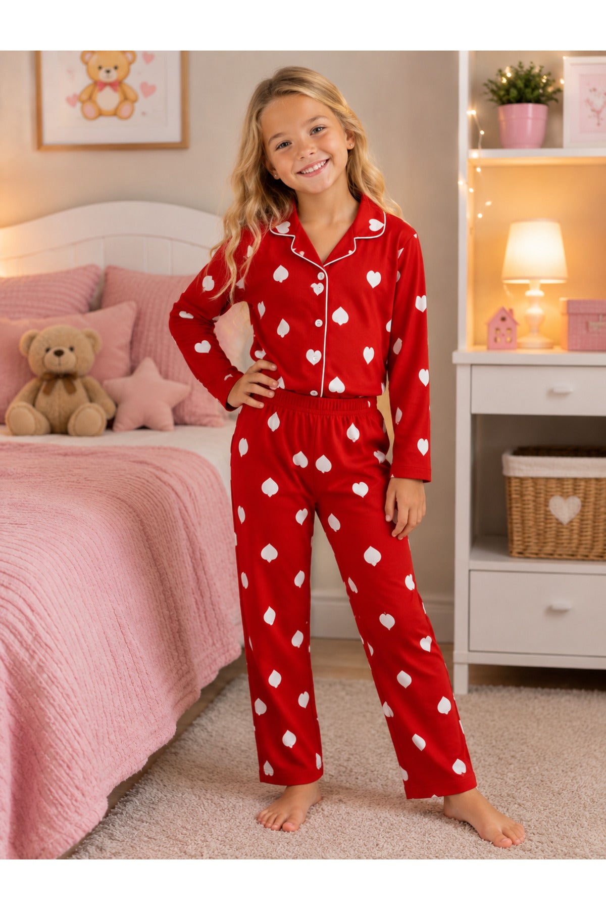 Kız çocuk pamuklu düğmeli düğmeli uzun kollu kalp desenli kışlık pijama takımı